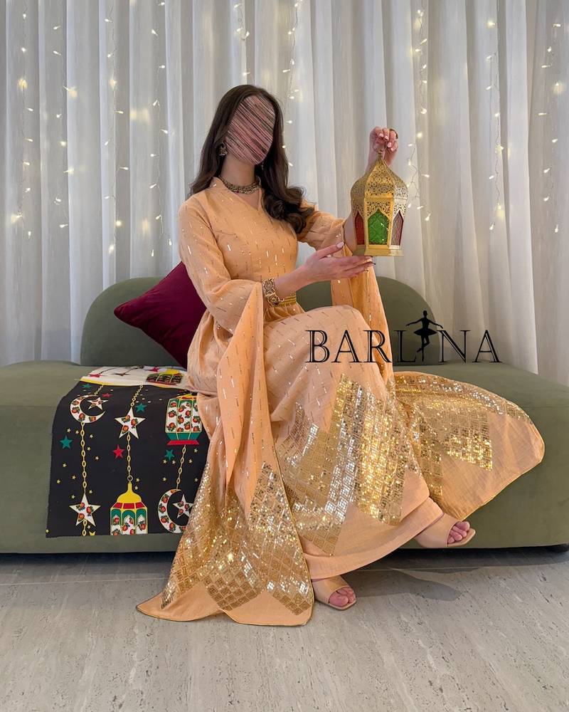 Elegant peach colored jalabiya with shiny sequins