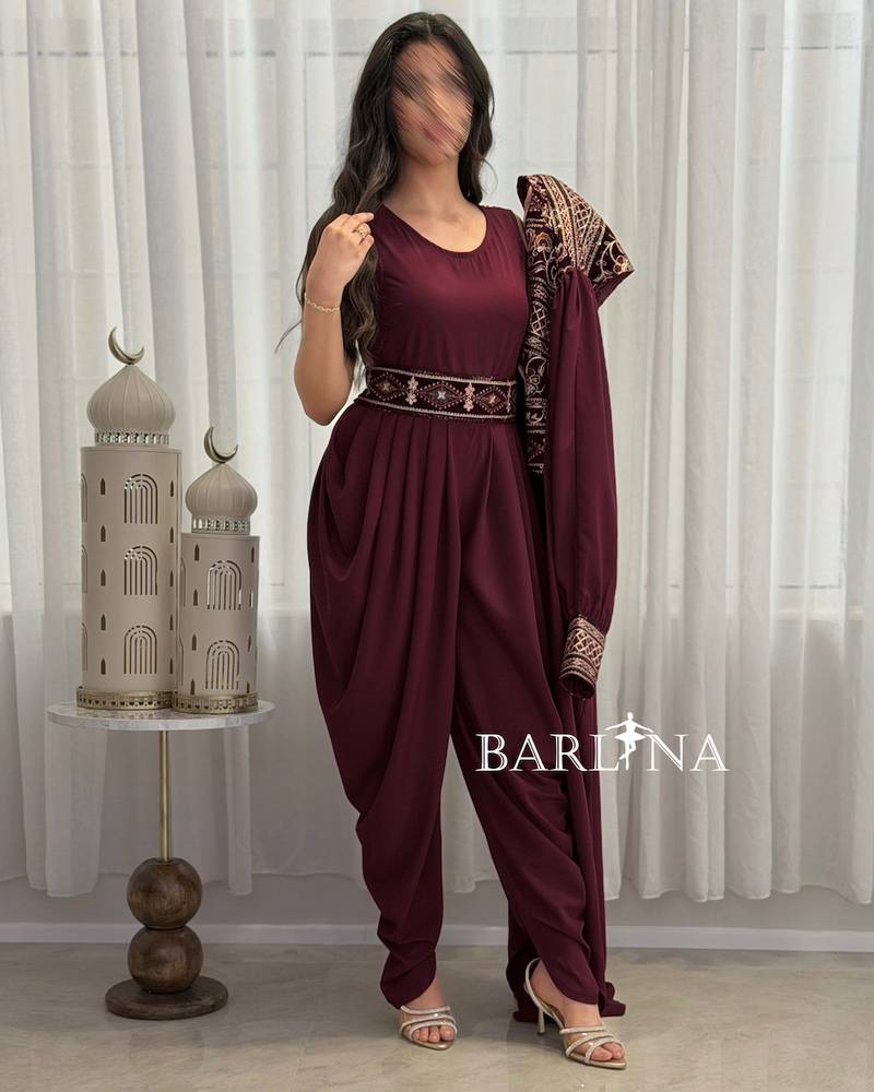 Burgundy jumpsuit jalabiya with luxurious traditional embroidery