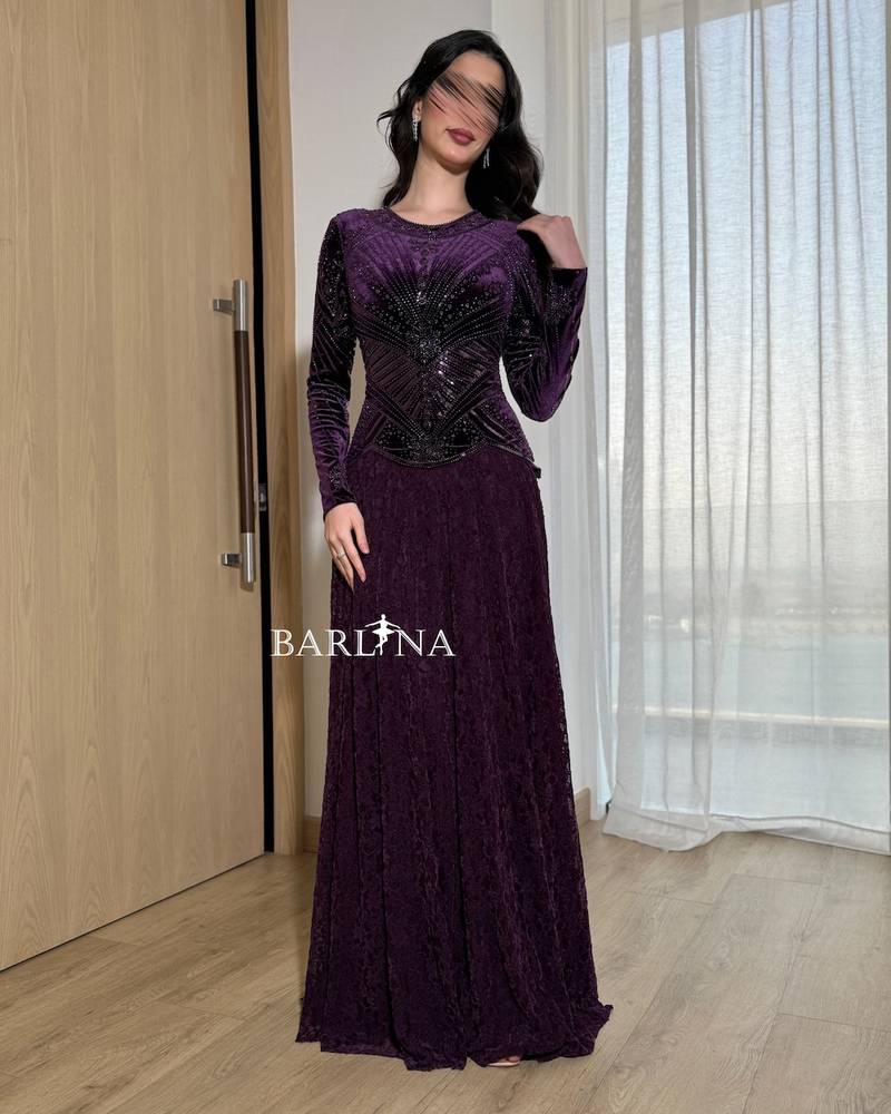 Royal purple lace dress with velvet sleeves