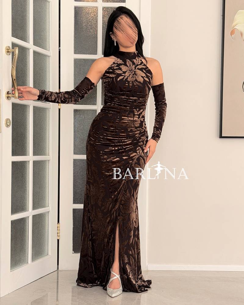 Brown velvet floral halter dress