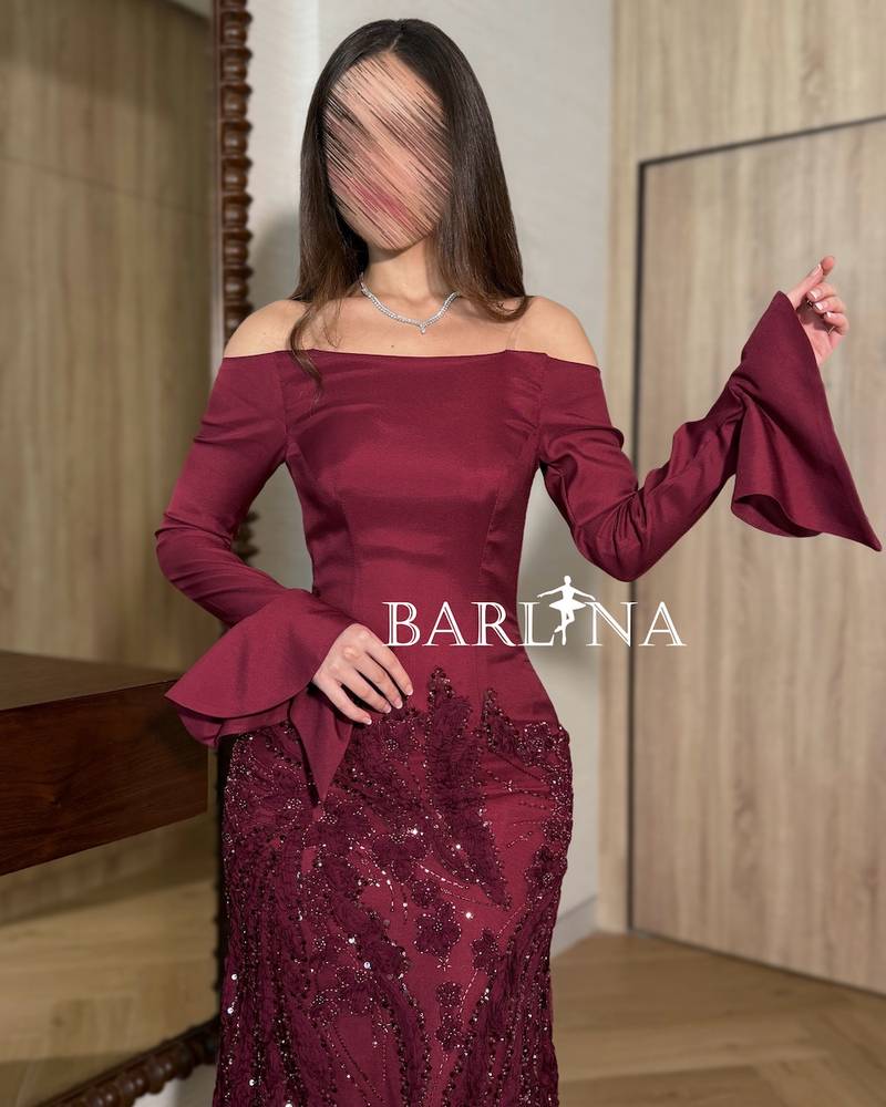 Burgundy off-shoulder dress with luxurious embroidery