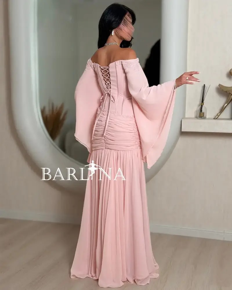 Long pink evening dress with wide sleeves