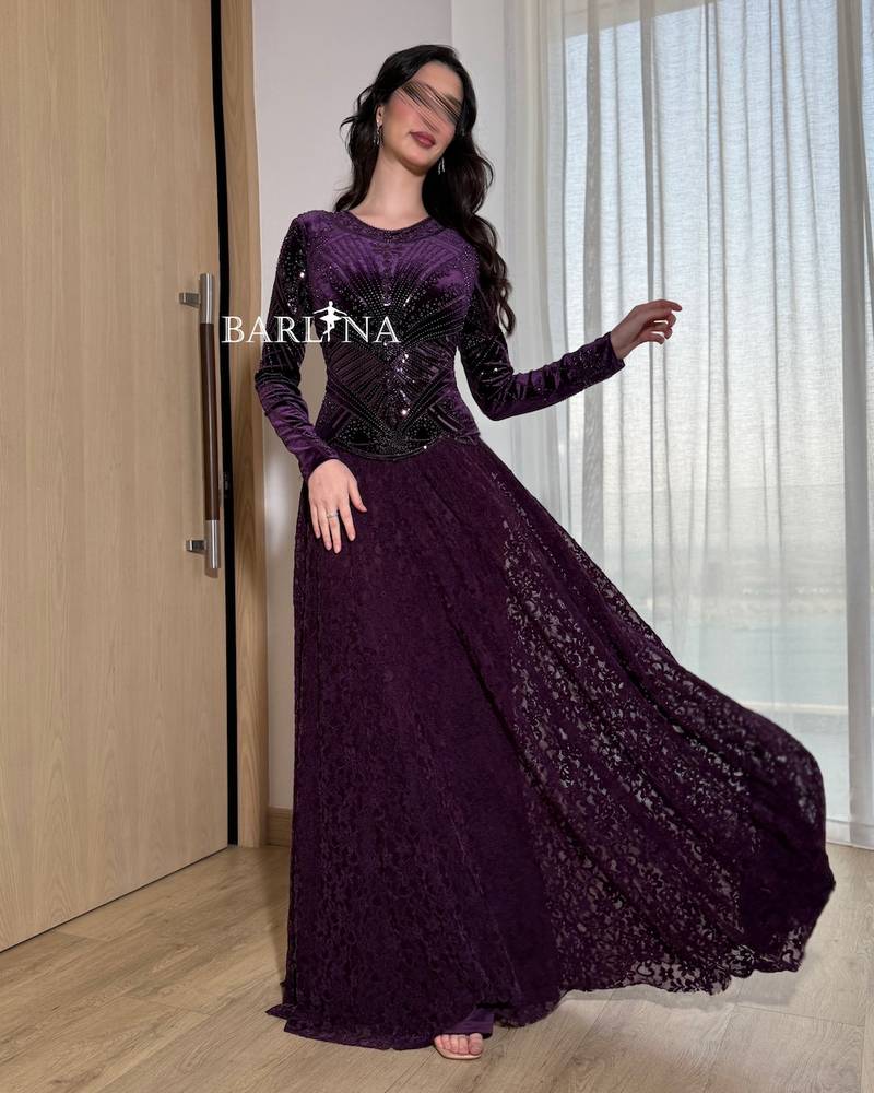 Royal purple lace dress with velvet sleeves