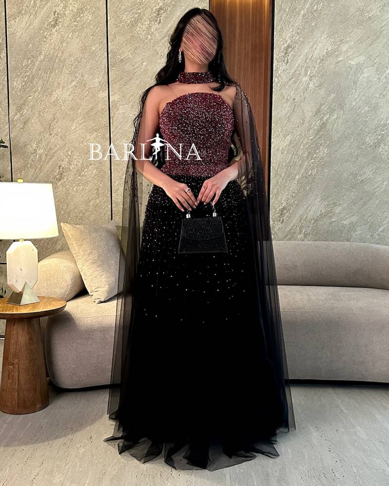 فستان سهرة أسود فخم بفصوص لامعة 