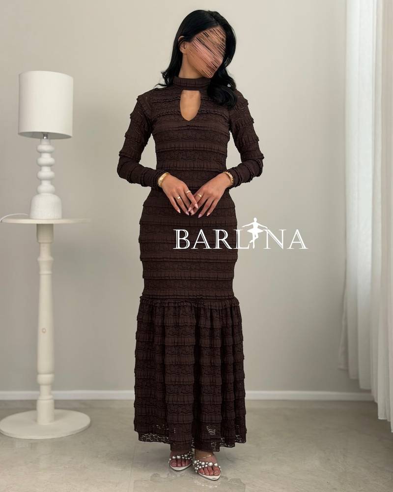 Dark brown lace dress with a choker collar