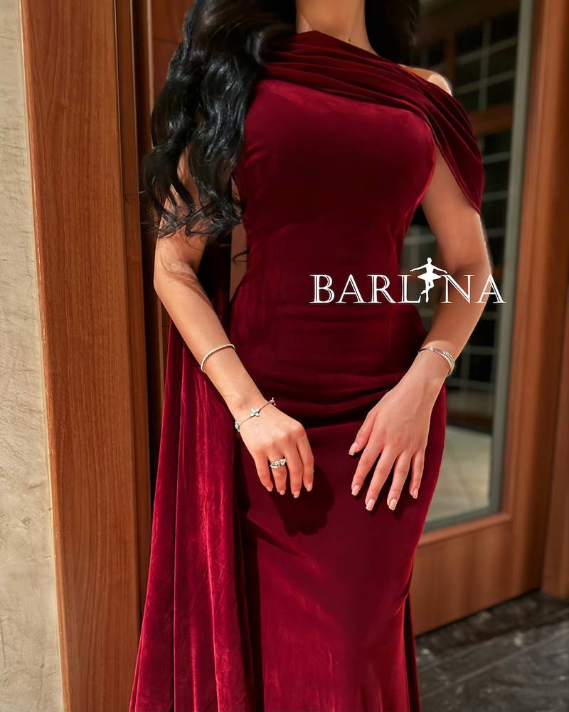 Burgundy velvet dress with a long shawl off the shoulder