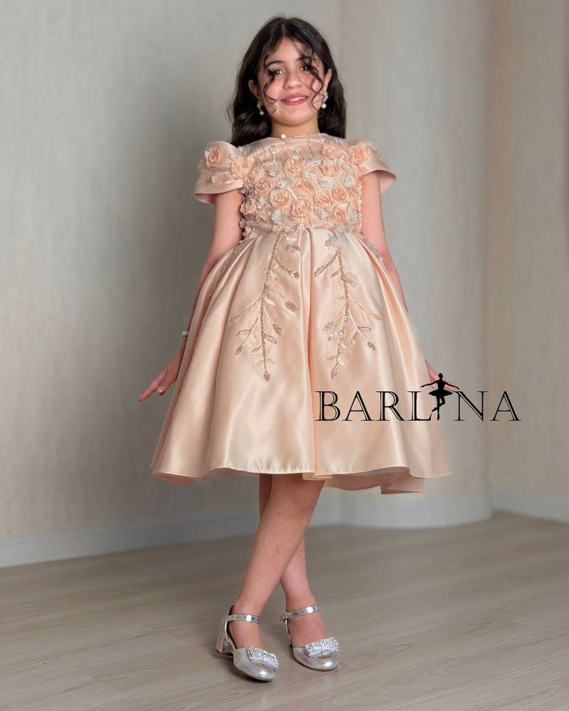 A girl's dress decorated with roses and sparkling embroidery