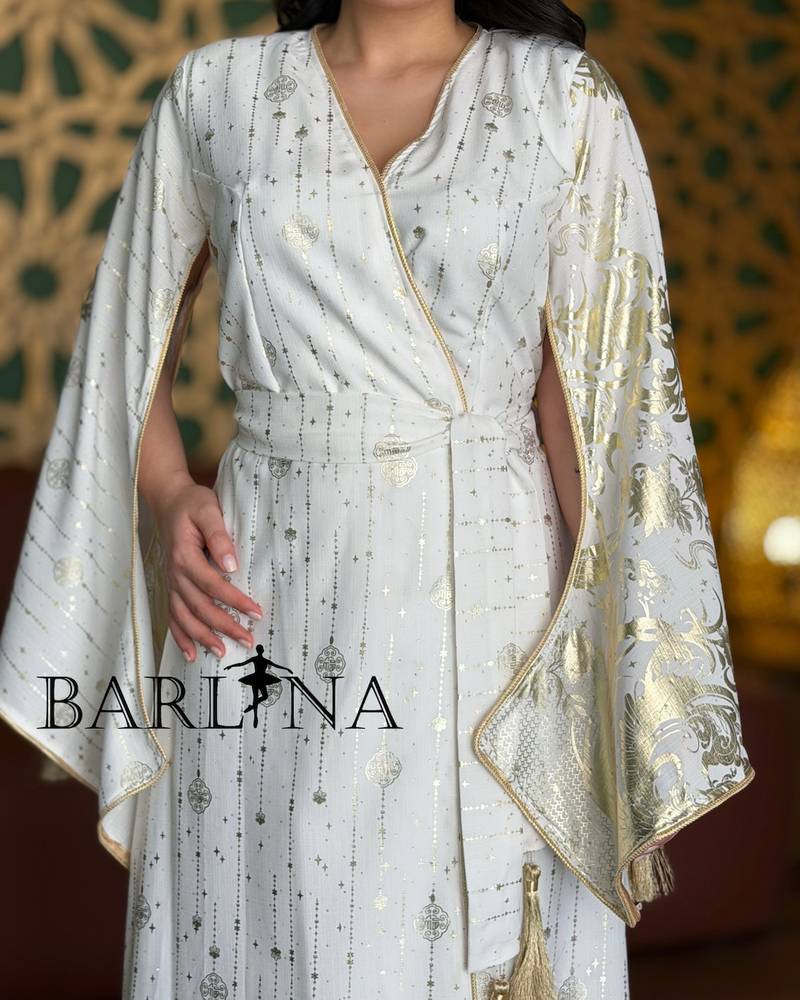 White jalabiya with gold prints and a side tie