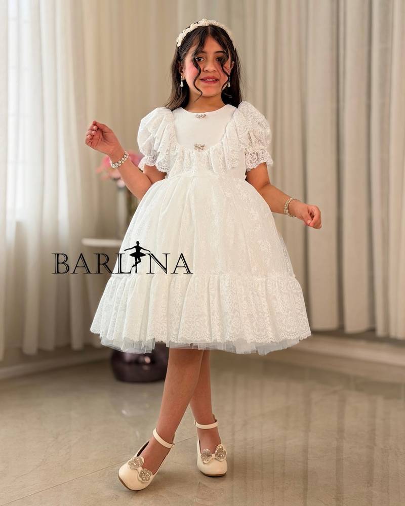 white fluffy lace dress for girls