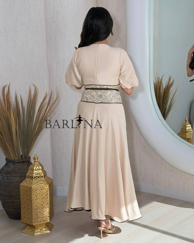 Soft beige jalabiya adorned with an embroidered belt