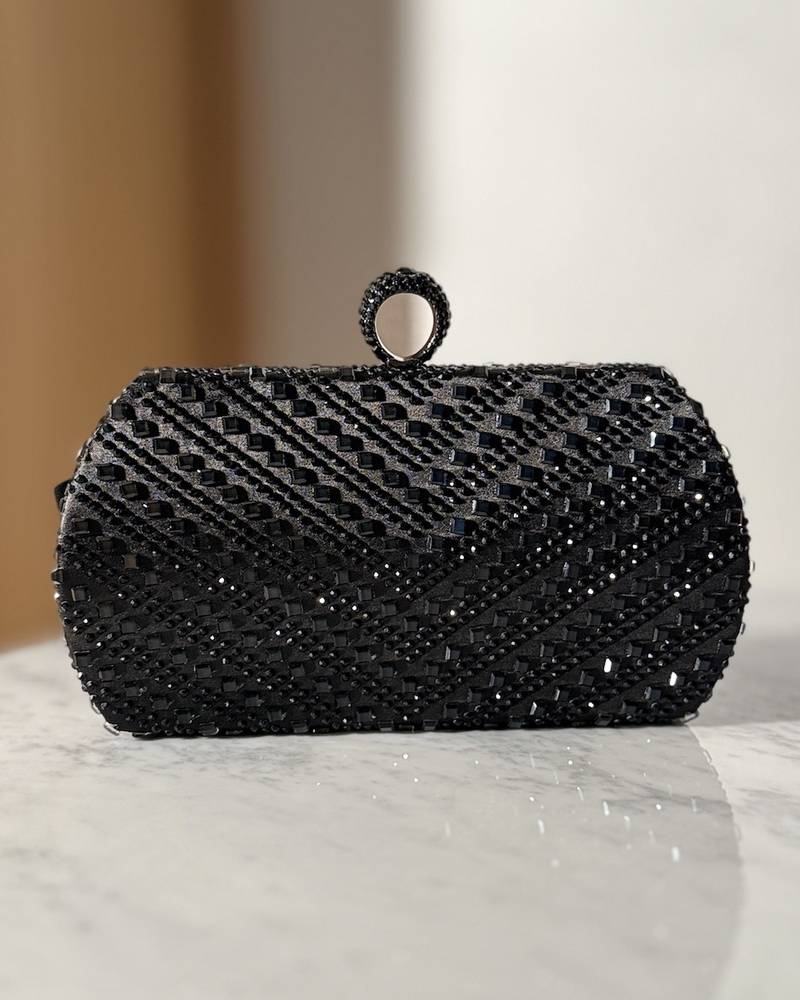 Black evening bag fully decorated with crystals