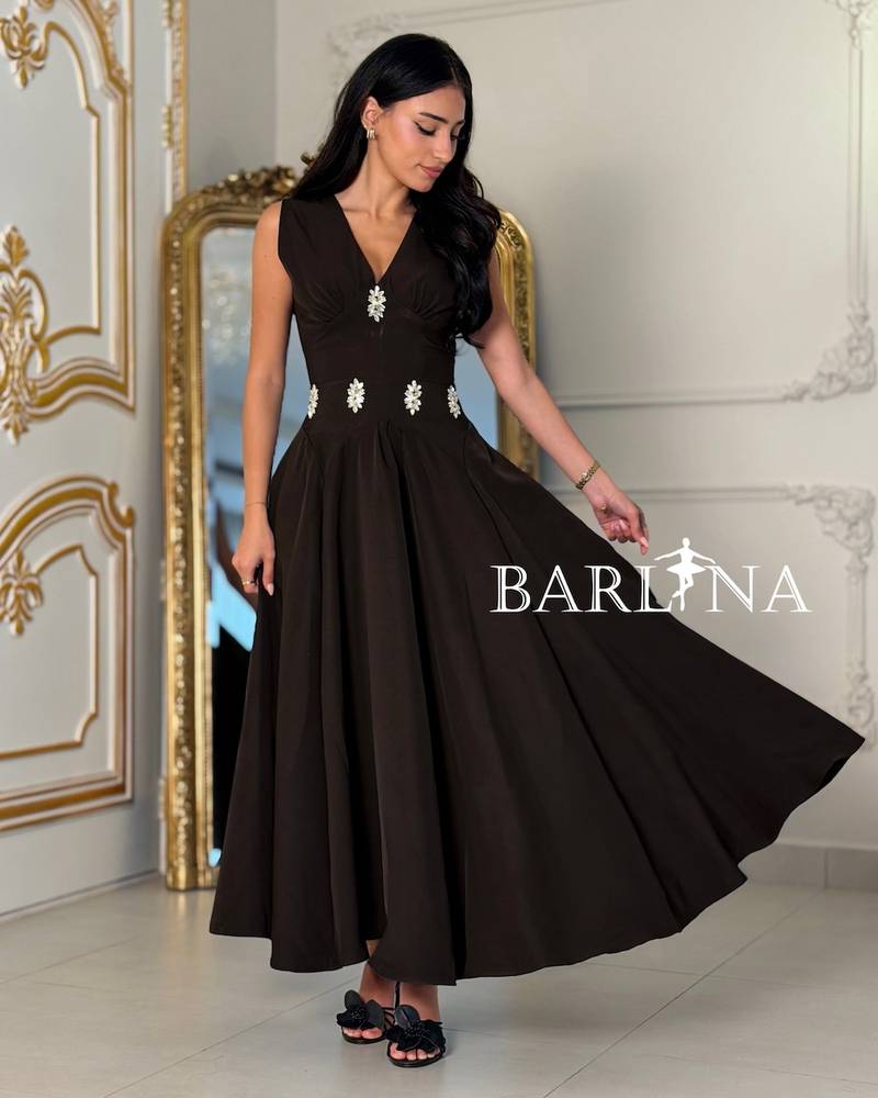 Dark brown dress with embroidered crystals