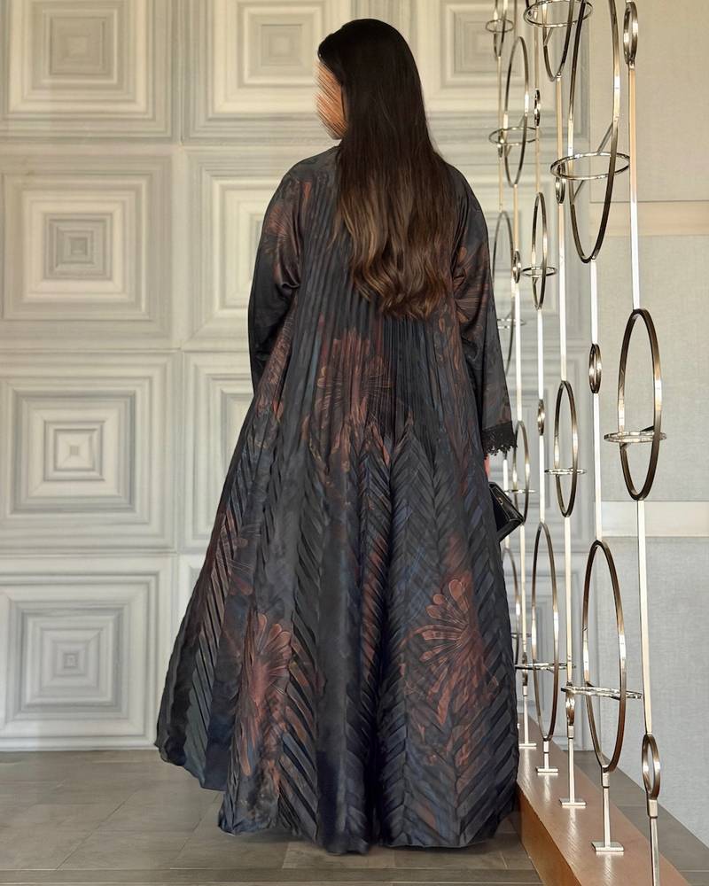 Black floral abaya with lace trim