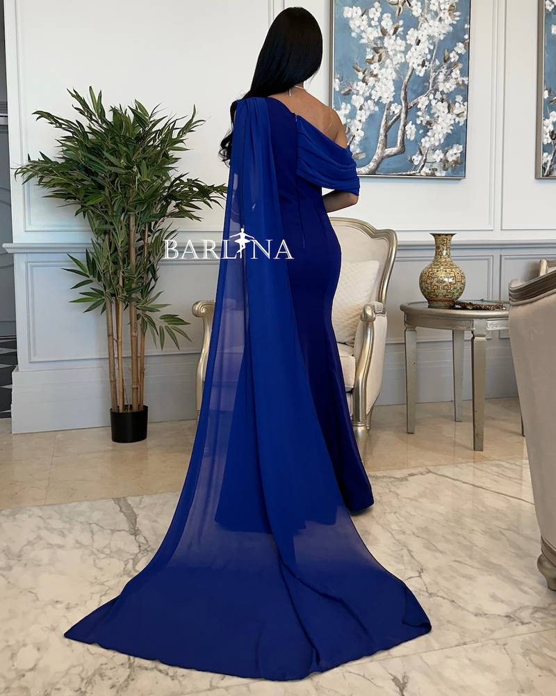 Long blue dress with chiffon shawl wrap