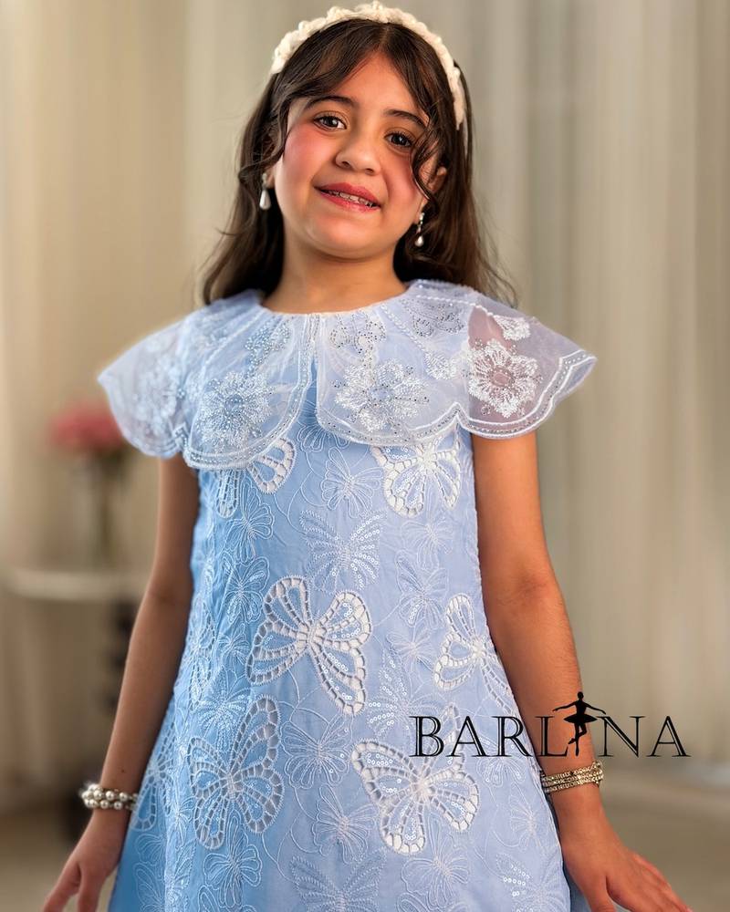 Girls' blue dress with butterfly print