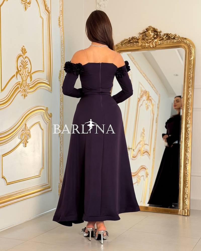 Lilac occasion dress with rose embellishments on the shoulder