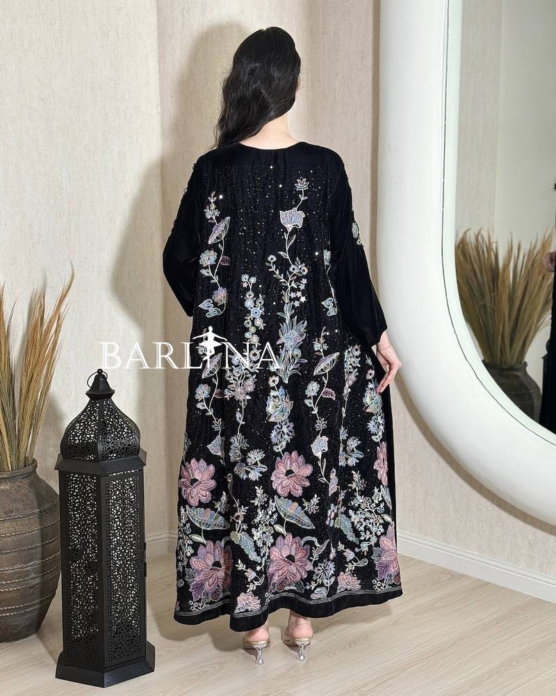 Black velvet jalabiya with delicate floral embroidery