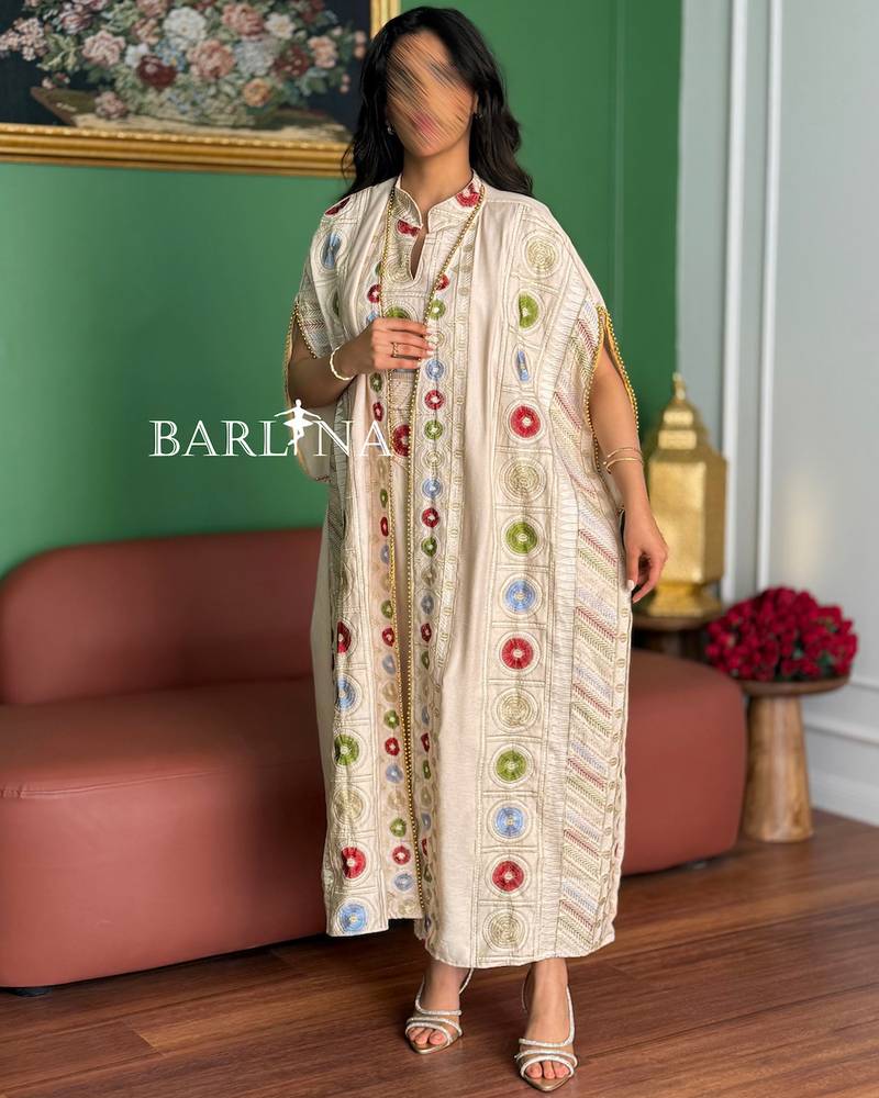 Beige jalabiya with colorful circular embroidery