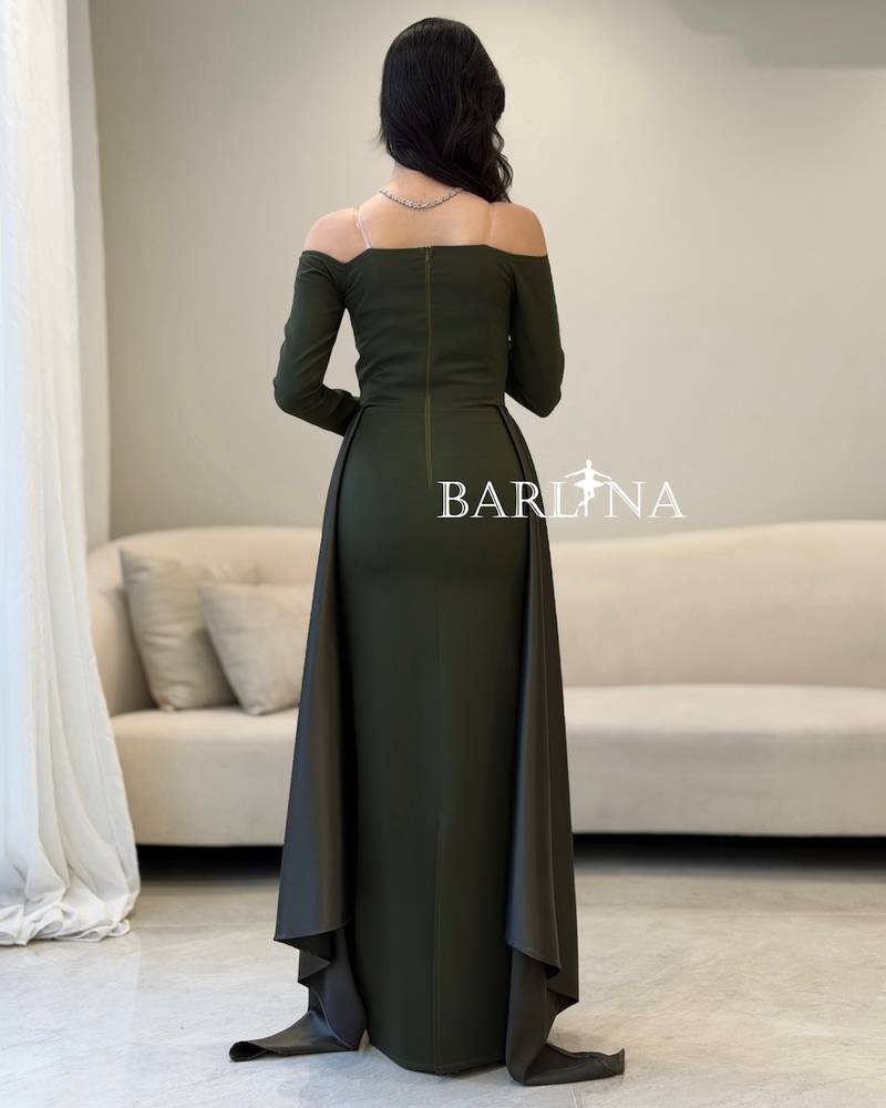 off-shoulder olive dress with side trains