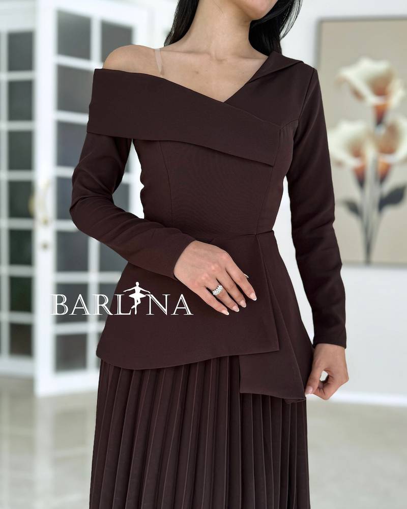 Soft brown off-shoulder pleated dress