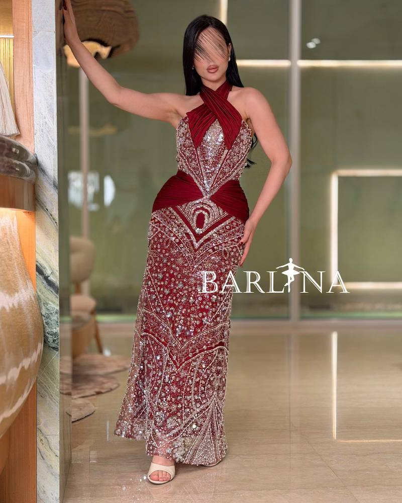 Burgundy evening dress with luxurious silver embroidery