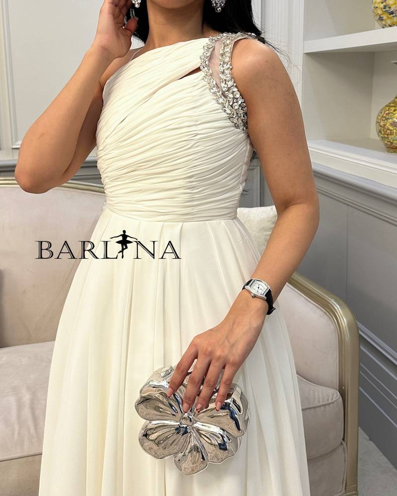 Off White Georgette Midi Dress with Crystal Shoulder