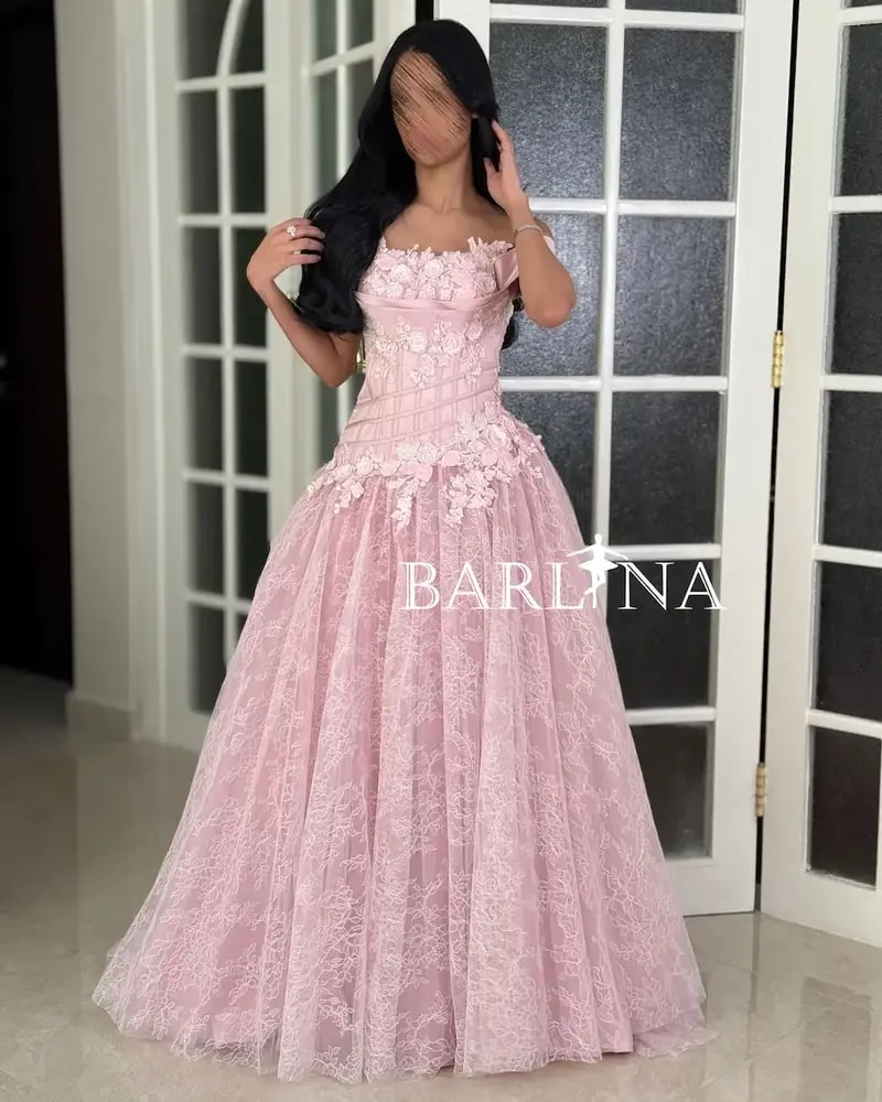 Pink lace evening dress with rose embroidery