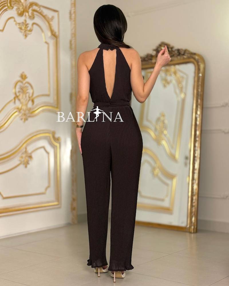Brown pleated jumpsuit with a high neck