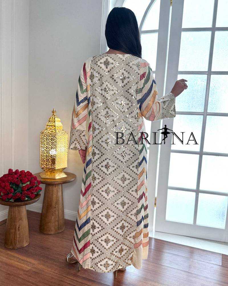 Soft, multi-colored jalabiya with front embroidery