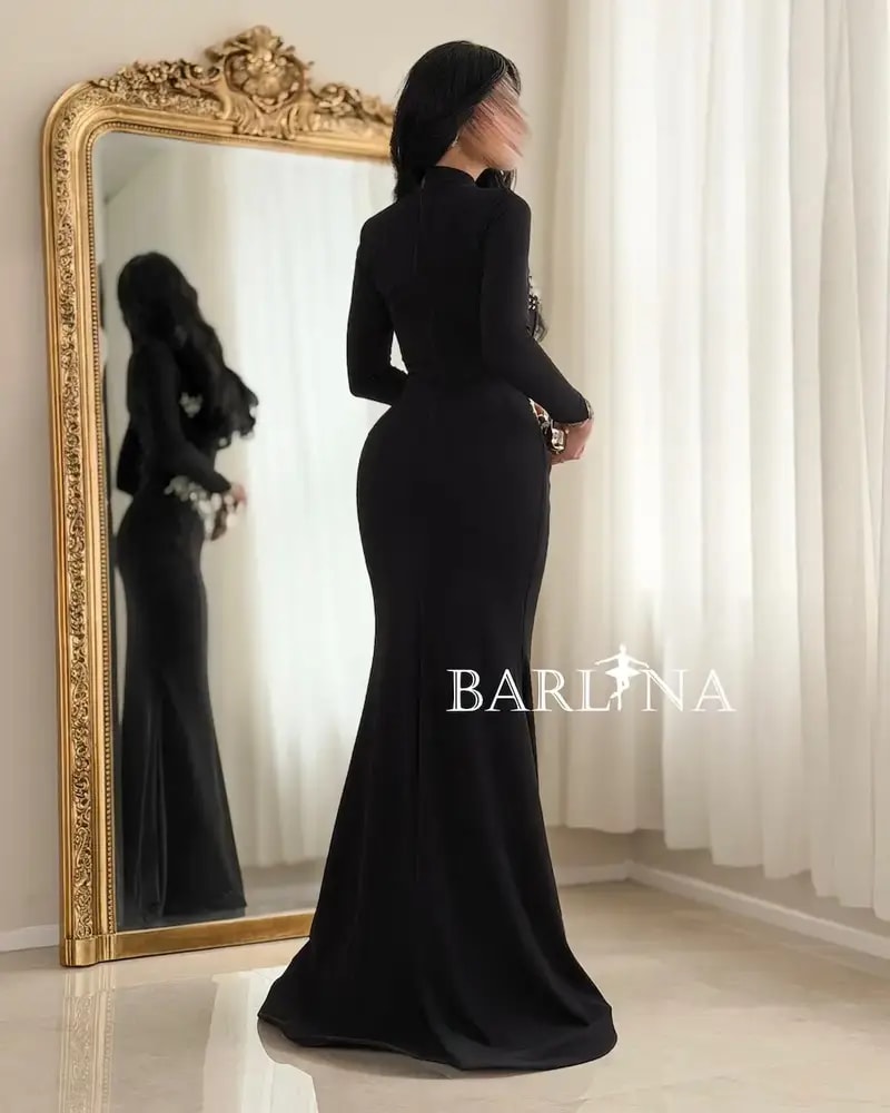 Black mermaid evening dress with a high neck