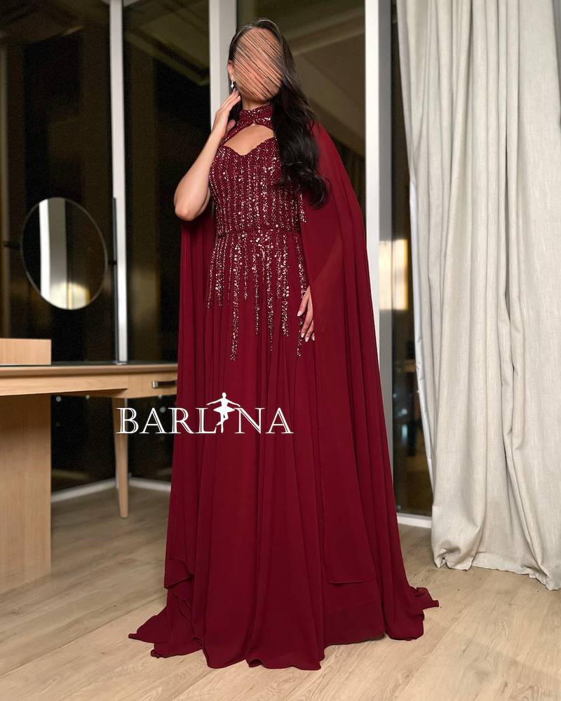 Burgundy dress with shiny top embroidery
