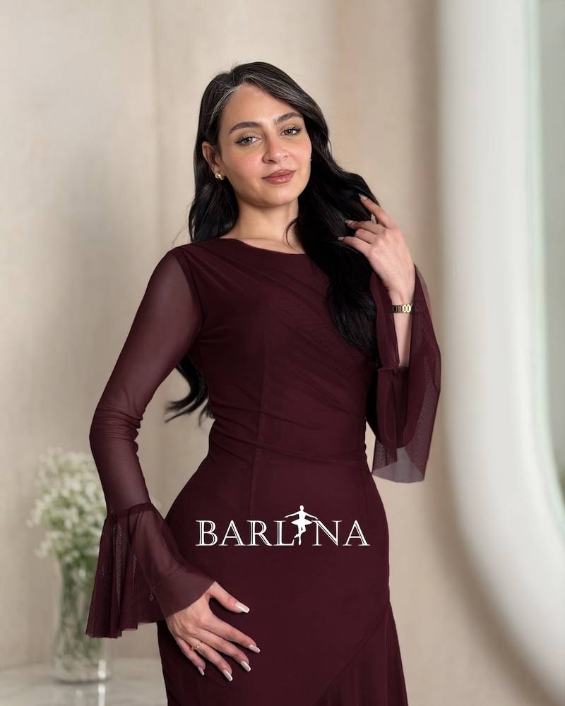 Burgundy dress with an asymmetrical cut