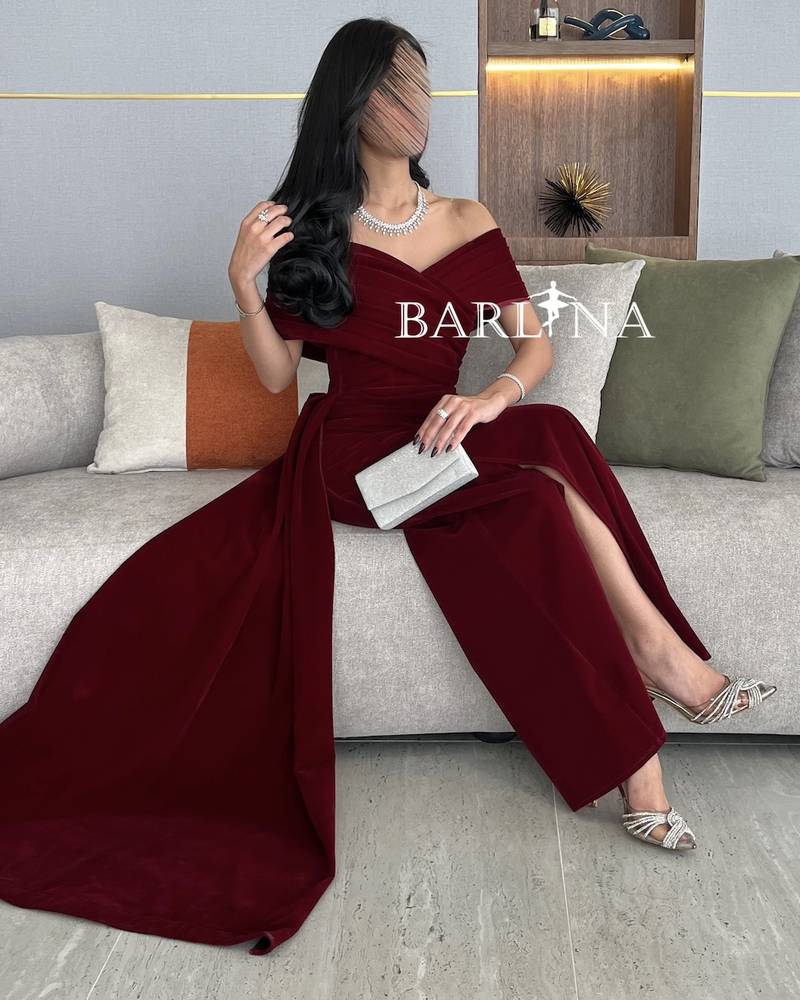 Off Shoulder Burgundy Velvet Dress with Side Tail