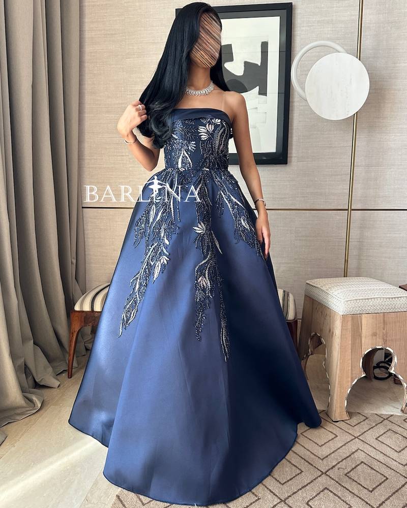 Navy blue embroidered dress with straight neckline