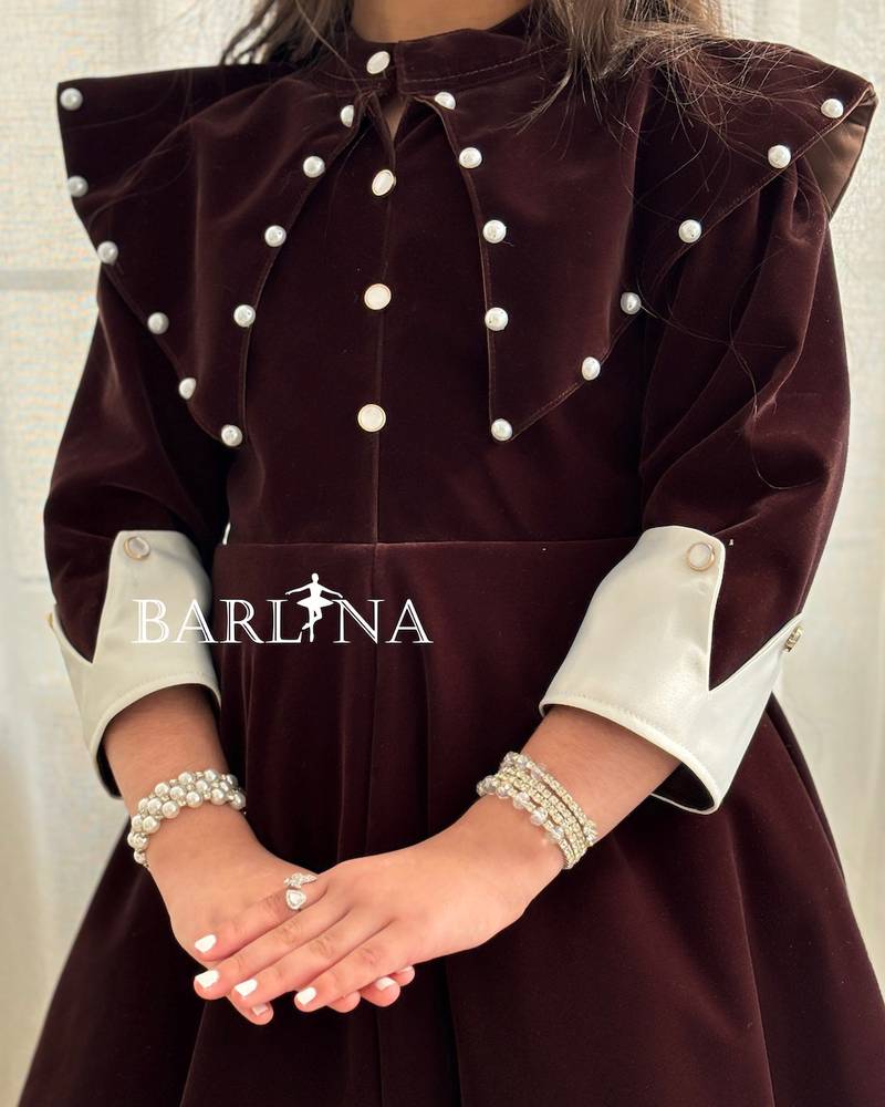 Girls' winter dress, brown with pearl details