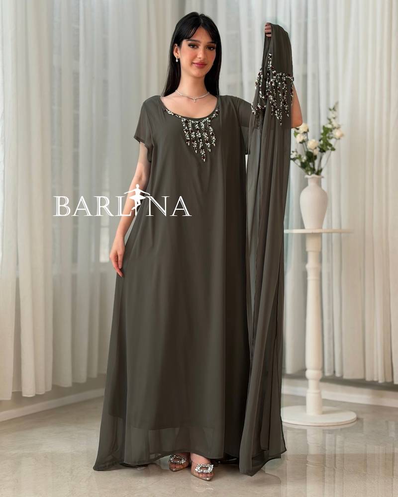 Dark olive chiffon jalabiya with luxurious embroidery