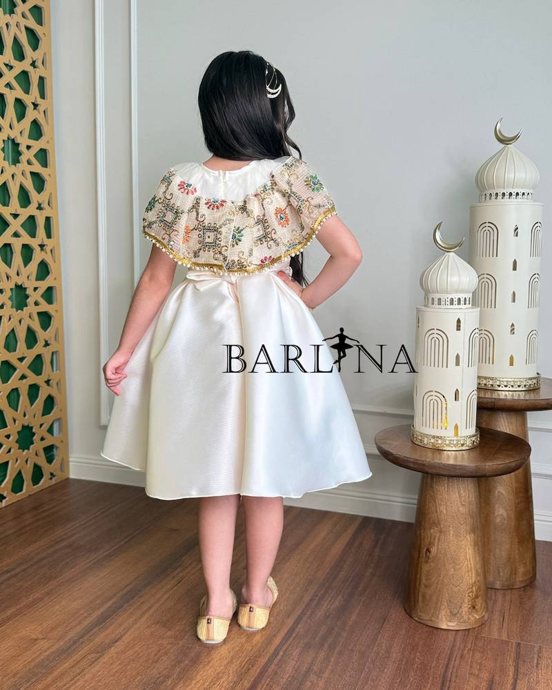 Off-white girls' dress with embroidered cape