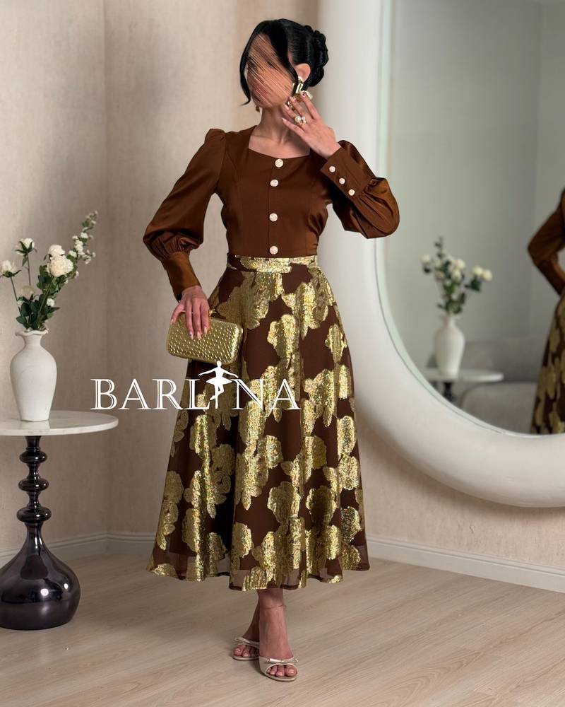 طقم ميدي تصميم كلاسيكي بأكمام منفوخة