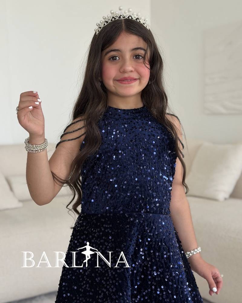 فستان سهرة كحلي بناتي مزين بالترتر