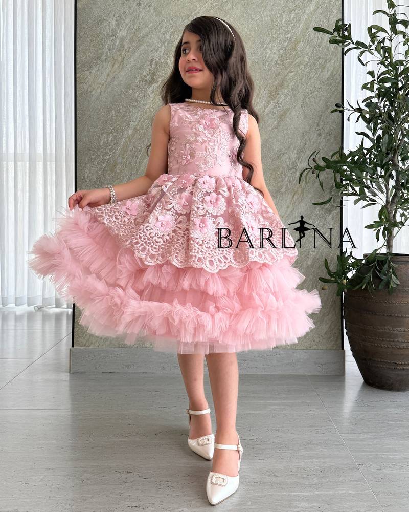 Girls' pink patterned dress with ruffled tulle