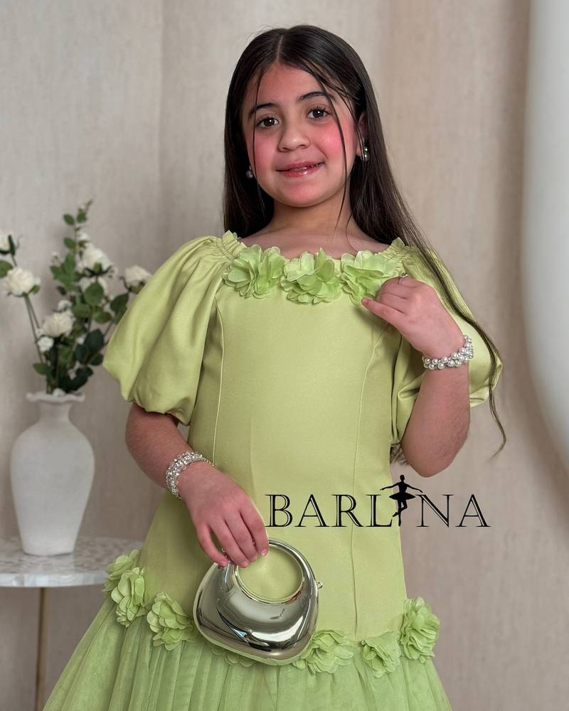A soft girl's dress with prominent roses at the collar