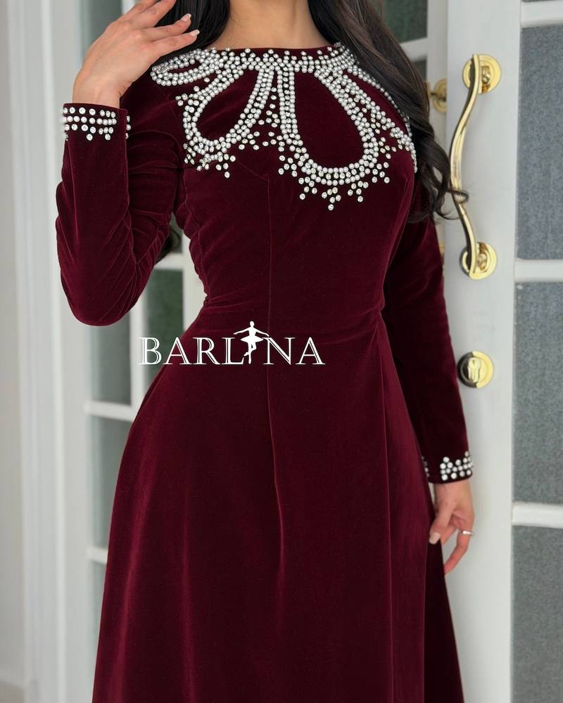 Burgundy velvet dress with an embroidered neckline