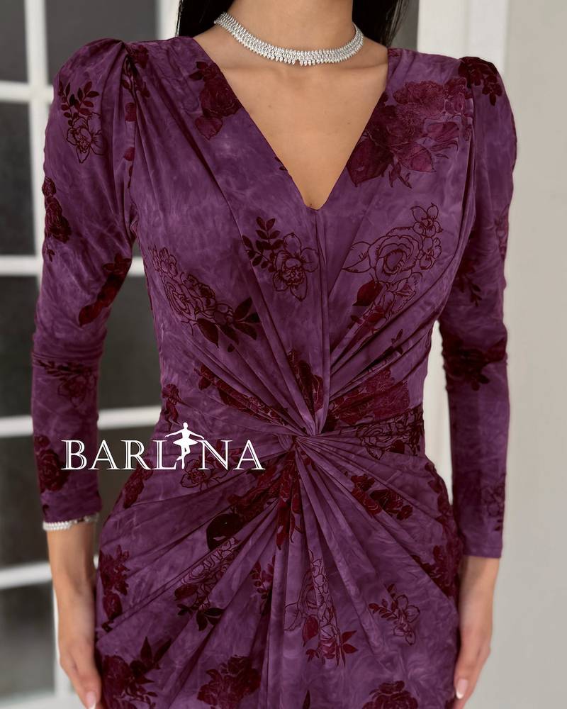 A soft purple dress with a velvet rose pattern