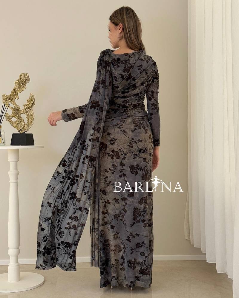 Gray floral dress with a side sash