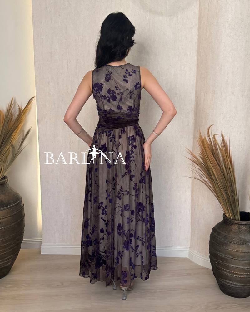 Purple floral print dress with a tie collar