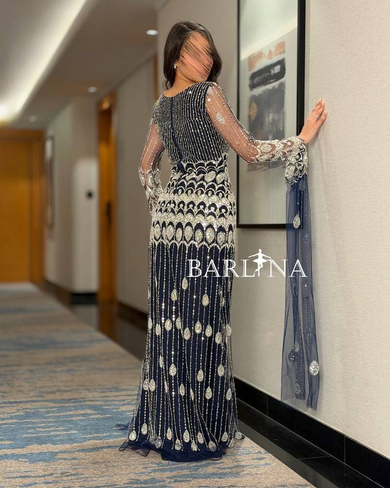 Navy evening dress with silver embroidery