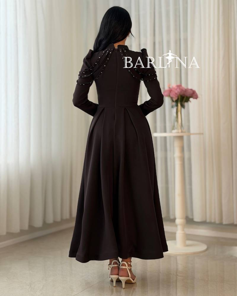 Long brown dress with shimmering details at the collar