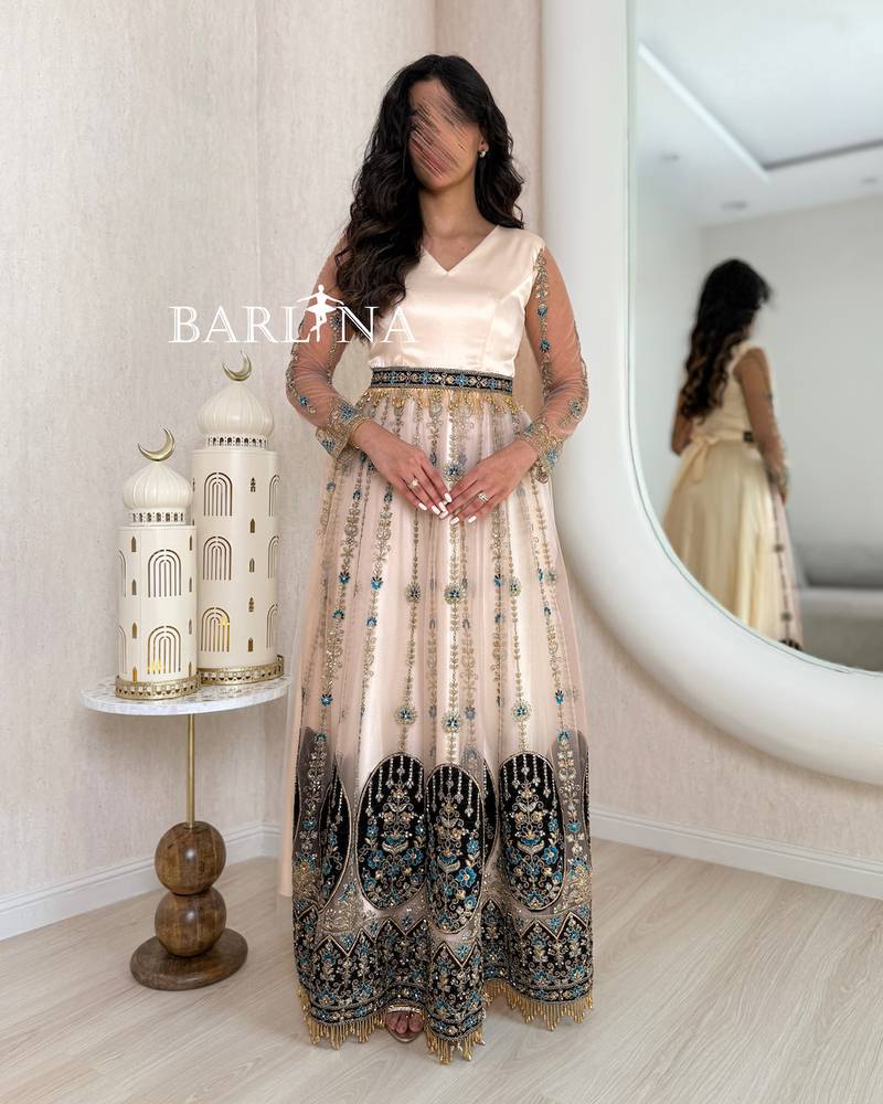 Beige jalabiya embroidered gold threads and  decorative belt