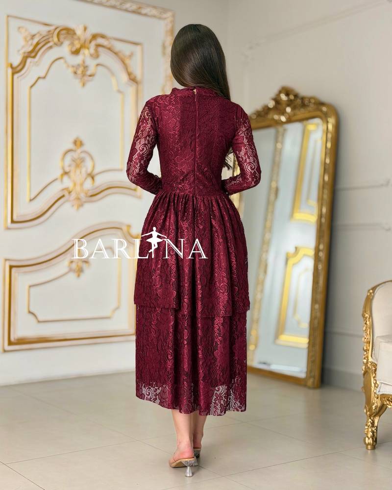 Burgundy lace dress with mandarin collar