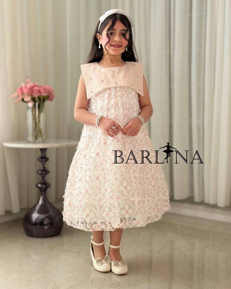 Off-white girls' dress with pink embroidery
